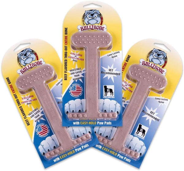 Bullibone Nylon Dog Chew Toy - Nylon Bone for Dental Hygiene, Easy Grip, Flavor Permeated (Beef, XL - 3 Pack)