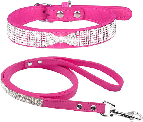 Cute Dazzling Sparkling Soft Suede Leather Bling Rhinestone Pet Collar and Dog Leash Combo Set, XS Hot Pink