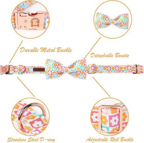 Dog Collar for Spring and Summer, Cotton Dog Collar with Bow with Safety Metal Buckle, Adjustable Puppy Collar for Small, Medium and Large Dogs L