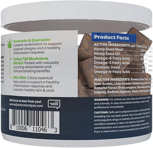 Only Natural Pet Allergy, Skin & Coat Hemp Soft Chews, Omega 3 Supplement for Dogs, Calming Treats for Itchy Skin