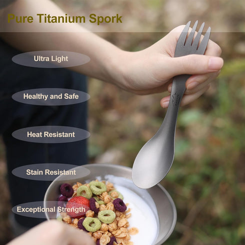Titanium Spork - Ultra Light 2-in-1 Fork and Spoon Combo Camp Utensil with Carry Bag for Camping, Hiking, Backpacking,