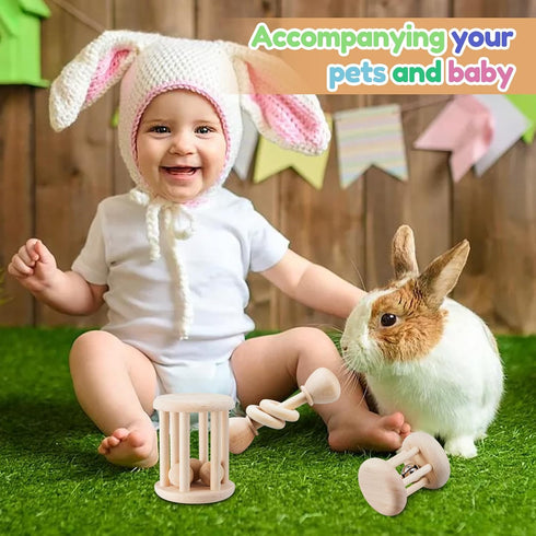 AOWPFVV 3 Chinchillas, Pcs Wooden Bunny Toys - Safe Rabbit & Guinea Pigs Teeth Grinding Toys for Hamsters & Small