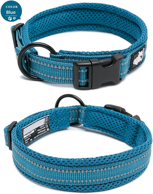 Creation Core Reflective Dog Collar with Ring - Breathable Mesh Soft Padded Adjustable Nylon Pet Collar 0.8" Wide, Blue