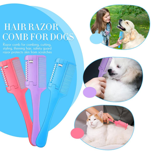 3 Pcs Pet Dog Cat Razor Comb with 50 Pcs Replacement Razors, Double Sided Hair Trimmer Tool (Pink, Blue, Purple)