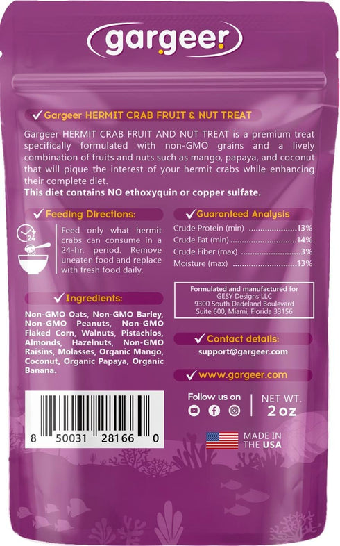 Yummy 2oz Gargeer Hermit Crab Fruit and Nuts Treat. Non-GMO Premium Ingredients, to Meet All Nutritional Needs.