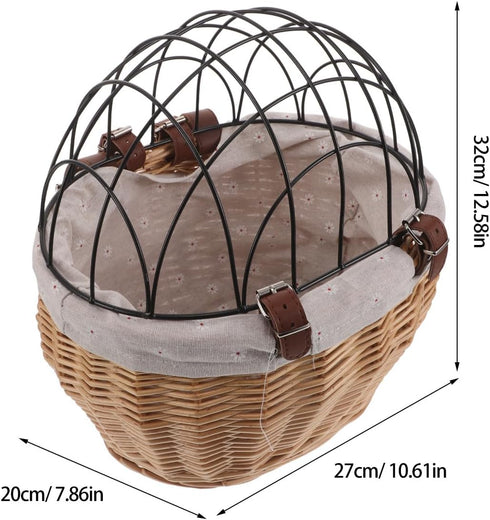 Commuting Puppy Bike Carrier Handwoven Wicker Pet Basket with Straps for Dog Cat Riding, Front Mounted Animal Carrier