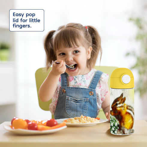 12oz Sweet Nature Enthusiast Kids Water Bottle Yellow Illustration of a chipmunk with flowers, warm colors Outdoor