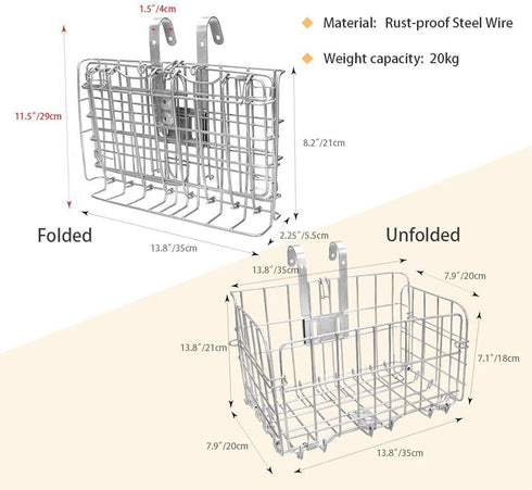 HOMEE Folding Rear Bike Basket - Wire Mesh Fold-Up Detachable Front Bag for Mountain Bike Accessories Cargo Rack