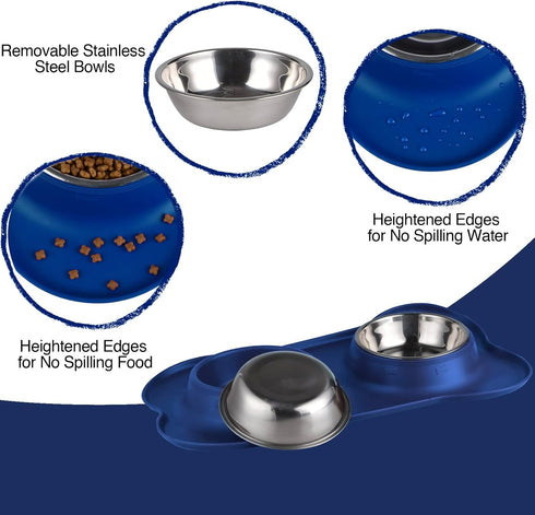 Dog Bowls, 2 Stainless Steel Bowls for Pet Water and Food, Non Spill Skid Resistant Silicone Mat