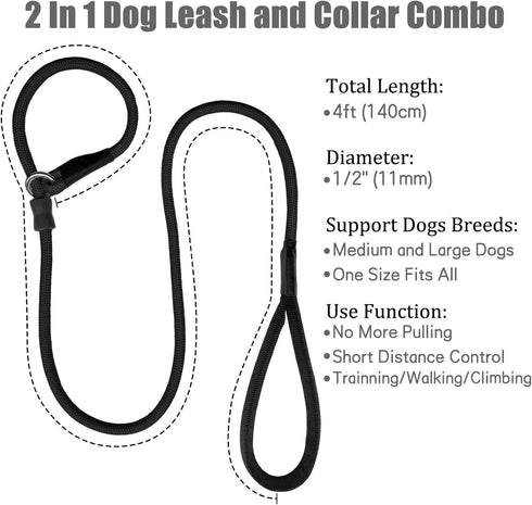 Strong Slip Rope Dog Training Leash (4ft) - 5pc Heavy Duty Durable Braided Nylon Lead with Rubber Stopper & Padded