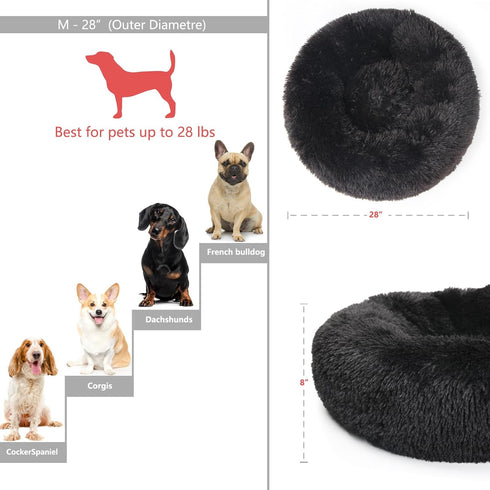 Washable Calming Dog Bed for Medium Dogs, 28 Inch Black Fluffy Anti-Anxiety Faux Fur Round Pet Bed