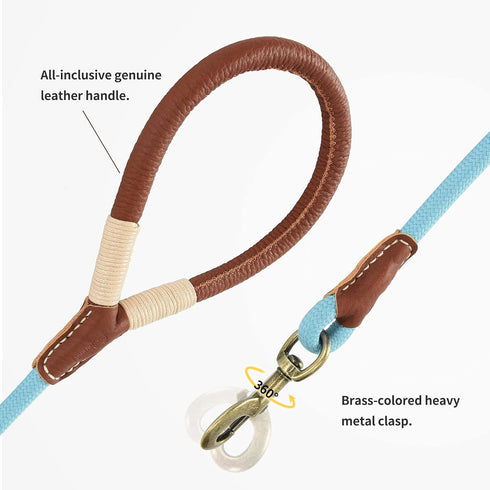Mile High Life 5 Feet Dog Leash | Strong Rope with Premium Leather Handle | Heavy Duty Clasp | Blue for All Dogs