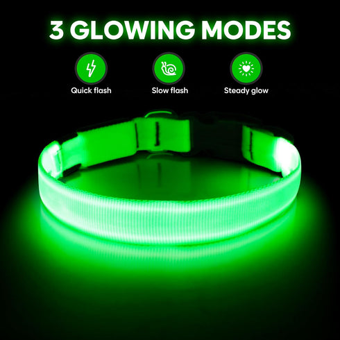 Illumifun Light Up Dog Collar - USB Rechargeable LED Glow in The Dark, Adjustable Pet Safety Lights, Green