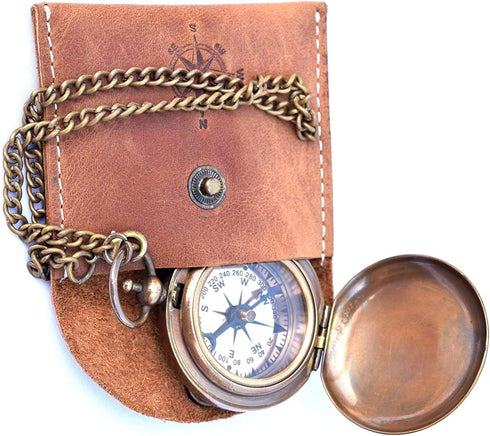 THOR INSTRUMENTS Handmade Nautical Brass Push Open Compass On Chain with Leather Case Pocket Compass Gift Compasses