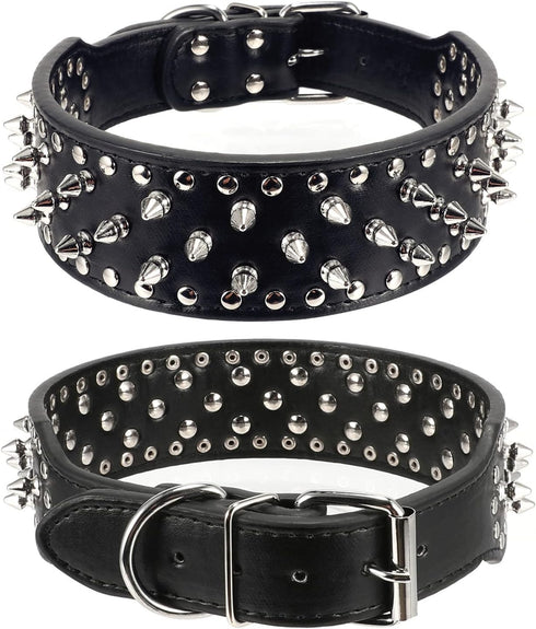Hoot PU Leather Adjustable Spiked Studded Dog Collar 2" Wide 25 Spikes (XS Neck 15"-18", Black)