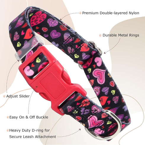 Dog Collar for Small Dogs with Cute Heart Patterns, Adjustable Soft Pet Collar with Safety Buckle for Small Medium