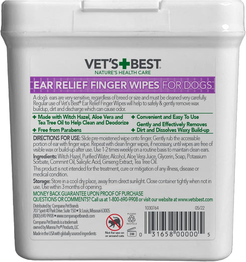 Vet's Best Ear Relief Finger Wipes | Ear Cleansing Finger Wipes for Dogs | Sooths & Deodorizes | 50 Disposable Wipes