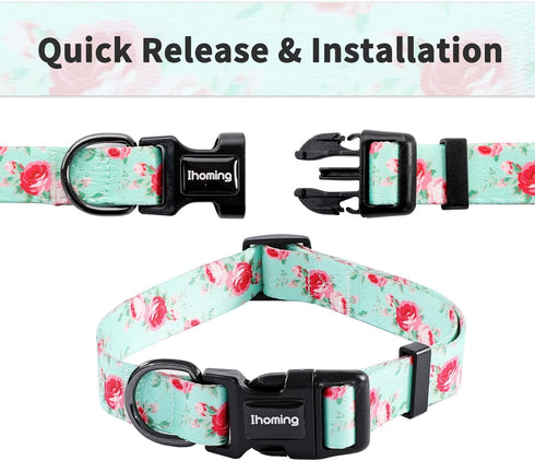 Ihoming Dog Collar and Leash Set for Daily Outdoor Walking, Floral Spring Design for Large Dogs and Cats