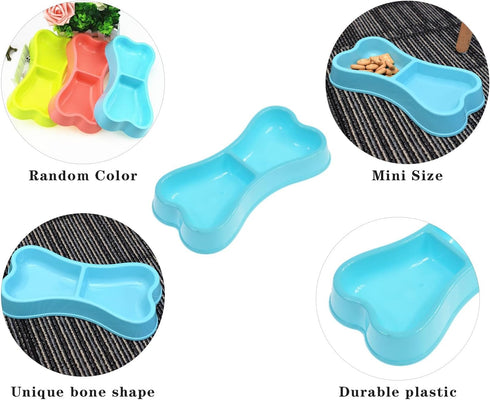 EORTA 3 Pcs Dog Double Bowls - Bone Shaped Feeder, Pet Plastic Bowl for Water & Food, Smooth Surface, Random Color