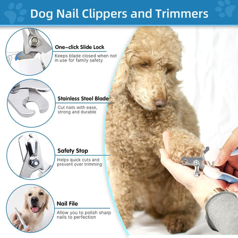 Dog Grooming Kit 6PCS - Dog Brush for Shedding, Dematting Comb, Nail Clipper with File, Flea Comb, Bath Brush - Blue