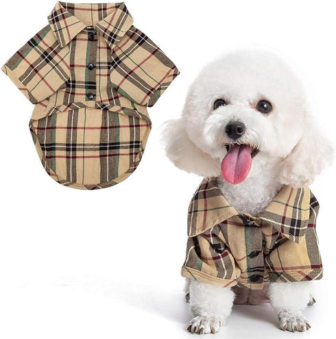 PUPTECK Cute Plaid Dog Shirt, Soft Puppy Cat Polo T-Shirt for Small Medium Dogs, Boy Girl Outfit, Costume M