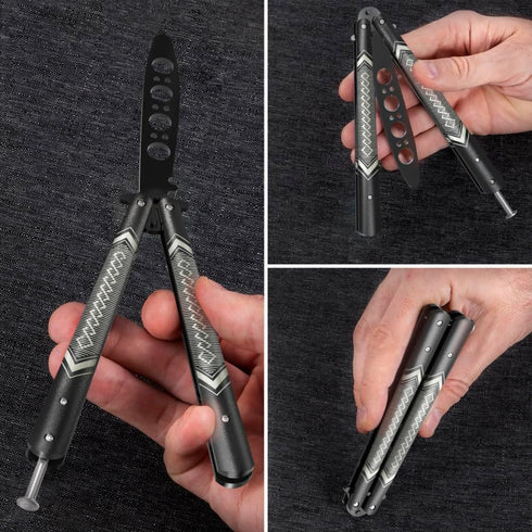 GOOD WORKER Butterfly Trainer, Practice Balisong Butterfly Knife, NOT Sharp Blade, Black Dull Trick