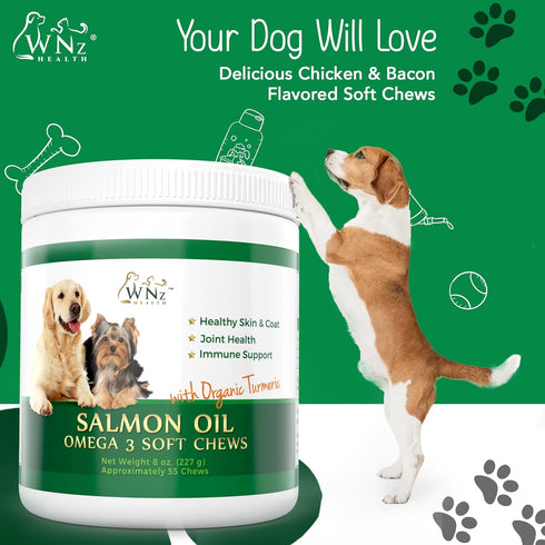 Omega 3 Skin and Coat Chews for Dogs, Salmon Oil Supplement for Joint Pain Relief, 55 Chews, 8 Oz