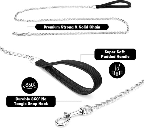 Heavy Duty Chain Dog Leash for Medium Large Dogs, Chew Proof Metal Lead with Soft Padded Handle, Classic Black, 4FT