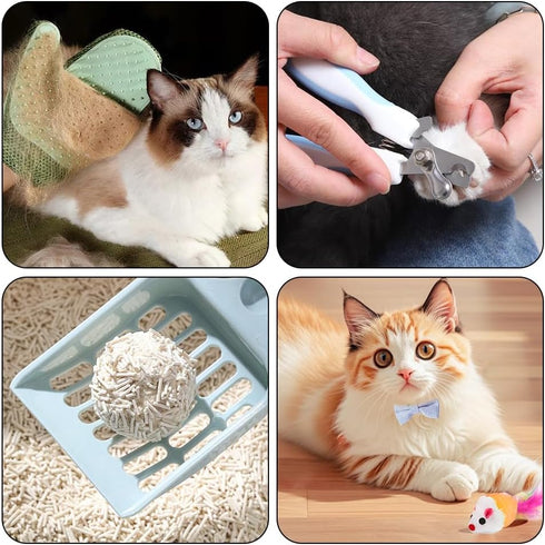 GRETJOB 16 Set 16 Kitten Starter Kit - Pcs Cat Essentials Includes Litter Box, Toys, Collars, Scratch Pad, Nail File