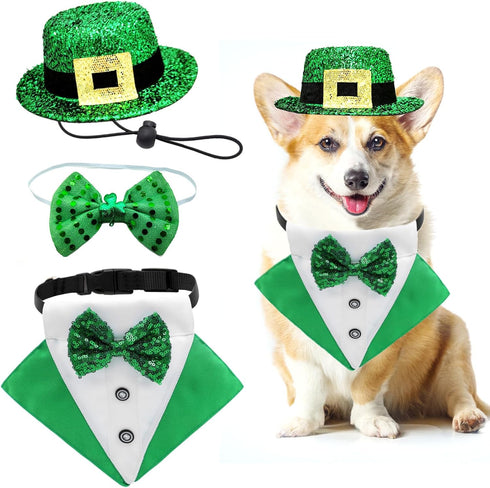3Pack St. Patrick's Day Dog Costume - Puppy Bandana, Top Hat & Bow Tie Collar for Dogs & Cats