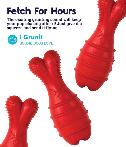 Petstages Grunt Fetch Stick Red Bunny Dog Toy - Fun Sound and Shape for Fetch Play
