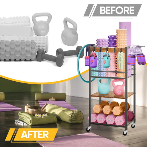 Home Gym Storage Rack - Heavy Duty Yoga Mat Holder with Hooks & Wheels for Dumbbells and Fitness Equipment