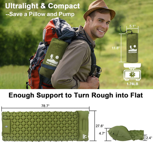 Ultralight Inflatable Sleeping Pad for Camping, Compact Mattress with Built-in Foot Pump for Backpacking