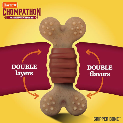 Hartz New Chompathon Gripper Bone Dog Chew Toy - Double Layered Flavored with Chicken & Bacon for Aggressive Chewers