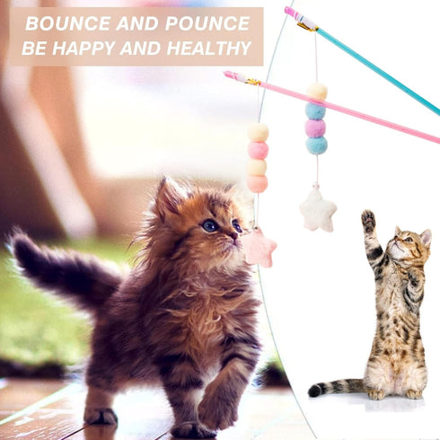 FJYXCHENXM 2 PCS Cat Wand Toy Interactive Cat String Toys Elastic Rope Plush Ball Star Pendant Cat Feather Toy Cat