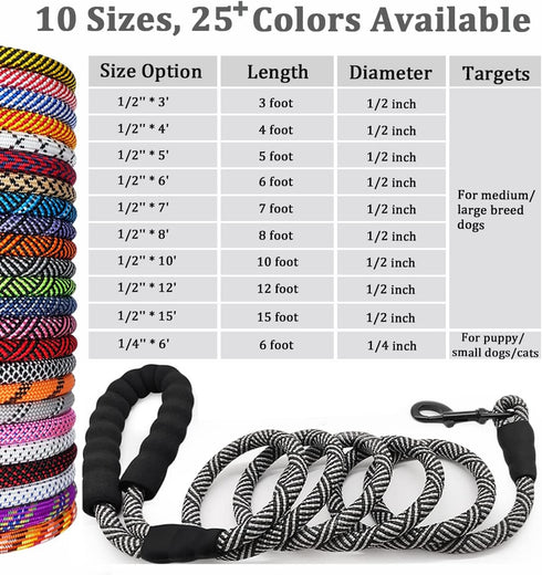 MayPaw Heavy Duty Rope Dog Leash, 12ft x 1/2" Black Nylon Pet Leash, Soft Padded Handle for Large Medium Dogs