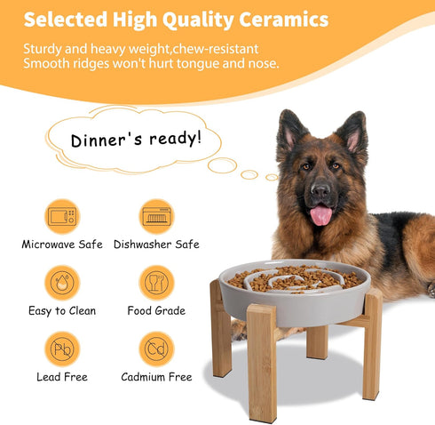 8.8 inch Elevated Slow Feeder Dog Bowl - Puzzle Maze Dish with Bamboo Stand - Raised Ceramic Food Bowl for Medium
