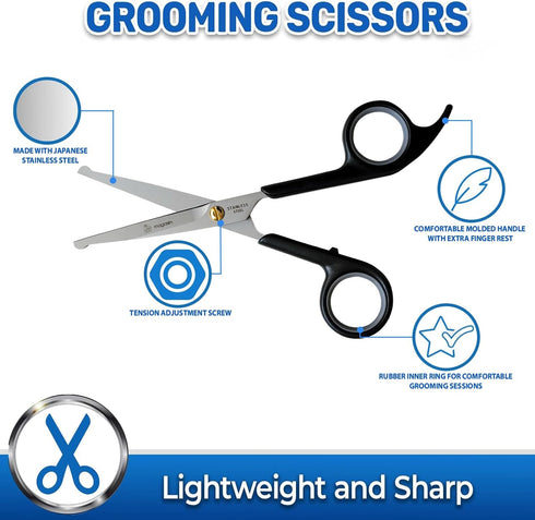 Pet Magasin Japanese Stainless Steel Grooming Scissors (2) for Facial hair and Larger for Body Trimming with Round Tip - Black