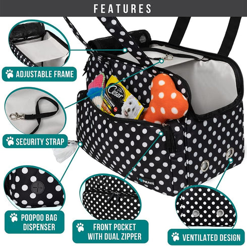 PetAmi Small Dog Purse Carrier, Soft-Sided Bag with Pockets, Airline Approved, Max 18 lbs, Polka Dot Black