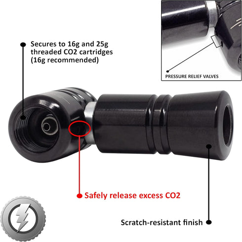 JACO Lightning CO2 Inflator for Bike Tires, Compatible with Presta + Schrader (CO2 Cartridge Not Included)