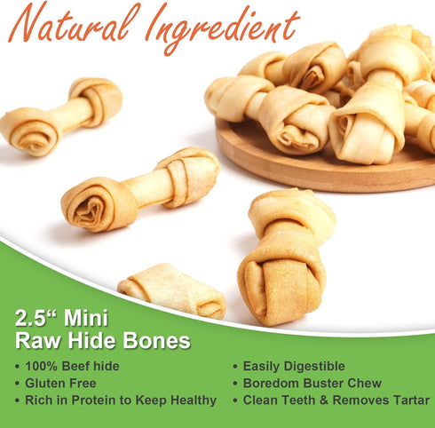 MON2SUN 2.5 Inch 60 Count Dog Rawhide Knot Bones Small Rawhide Bones Mini Chews Chicken Flavour for Puppy and Small