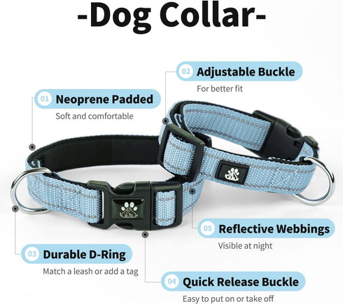 IVY&LANE 2 Pack Reflective Dog Collars and Leash Set, Adjustable Neoprene Padded Collars for Small Medium Large Dogs