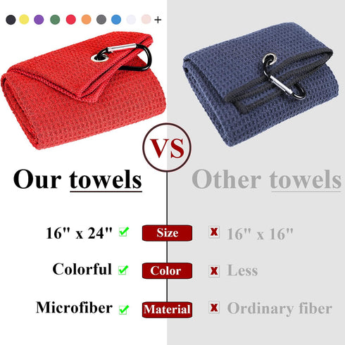 VIVIDLY 2 Pack Tri-fold Golf Towels, Premium Microfiber with Heavy Duty Carabiner Clip, Red