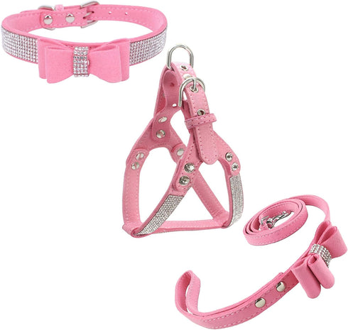 Bowtie Dog Collar & Harness & Lead Sets, Comfortable Soft Puppy Collar with Diamante, Pink - XS