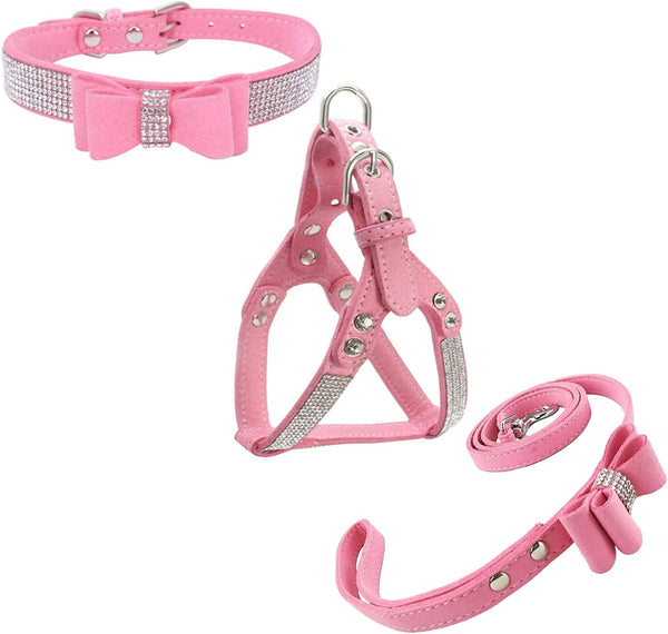 Bowtie Dog Collar & Harness & Lead Sets, Comfortable Soft Puppy Collar with Diamante, Pink - XS