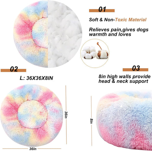Calming Dog Bed - Round Donut Washable Bed for Small Medium Large Dogs, Anti-Slip Faux Fur Fluffy Cuddler (L 36''x36'',