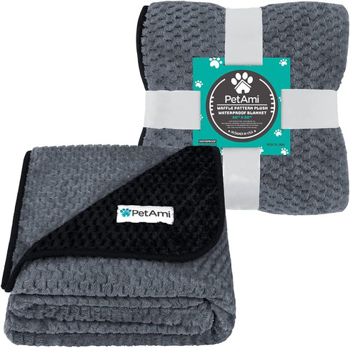 PetAmi Waterproof Dog Blanket, Leakproof XL Pet Blanket for Large Dogs, Reversible Washable Soft Plush, 60x80 Black Gray