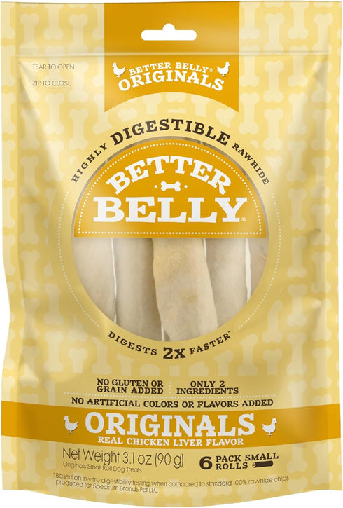 Better Belly Highly Digestible Rawhide Small Roll Chews, Dog Treat, NO Artificial Colors or Flavors