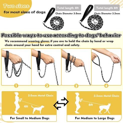 Chew Proof Chain Dog Leash, Heavy Duty Metal Chain & Nylon Rope with Padded Handle for Medium Large Dogs Training