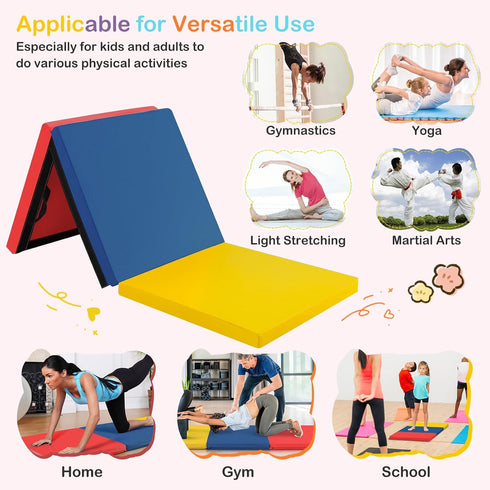 6 2 2 GYMAX Folding Gymnastics Mat, Tri-fold x x Exercise Mat with Carrying Handles, Waterproof PU Leather, Hook & Loop